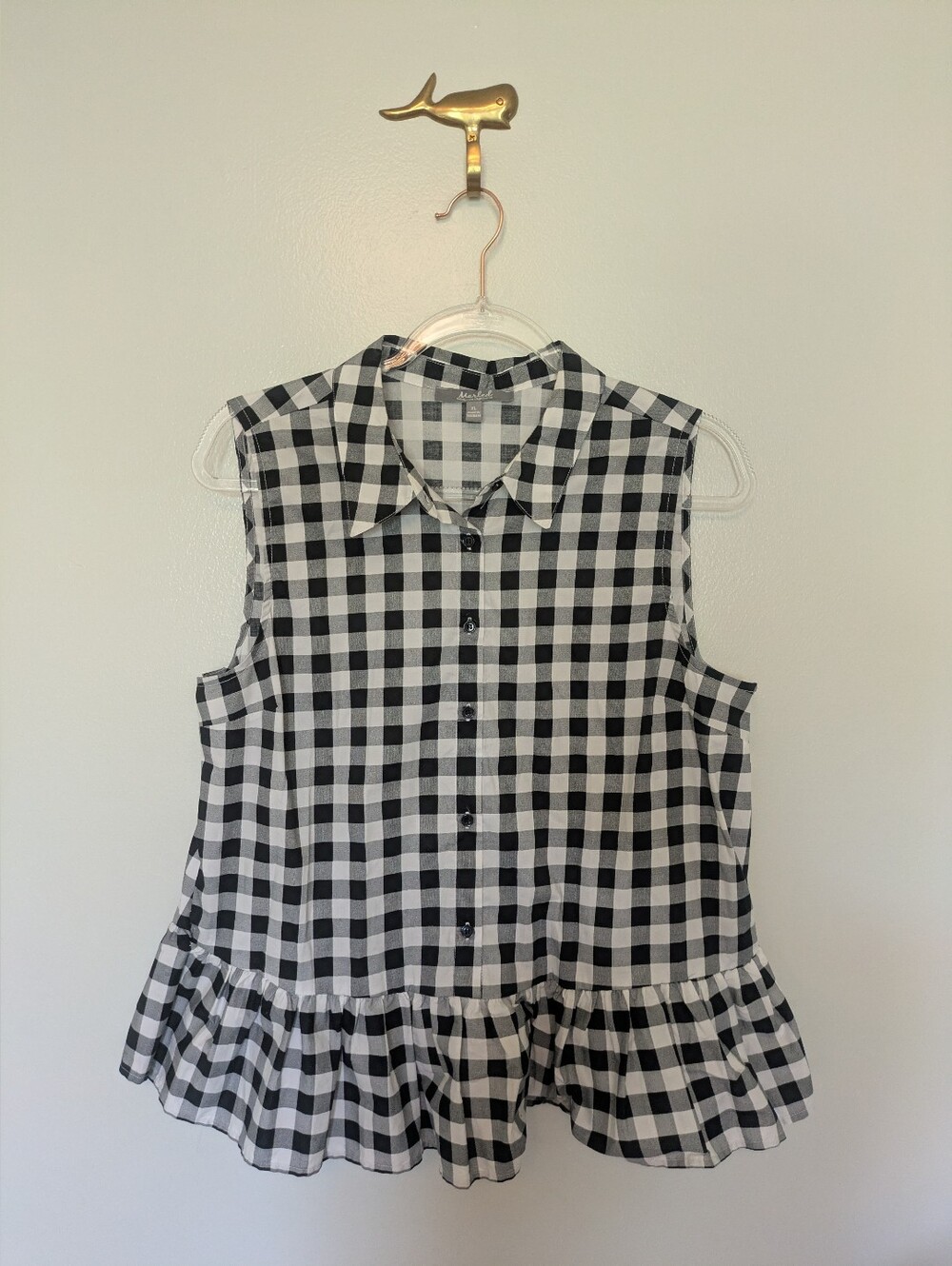 Marled Gingham Plaid Peplum Sleeveless Blouse XL Black & White